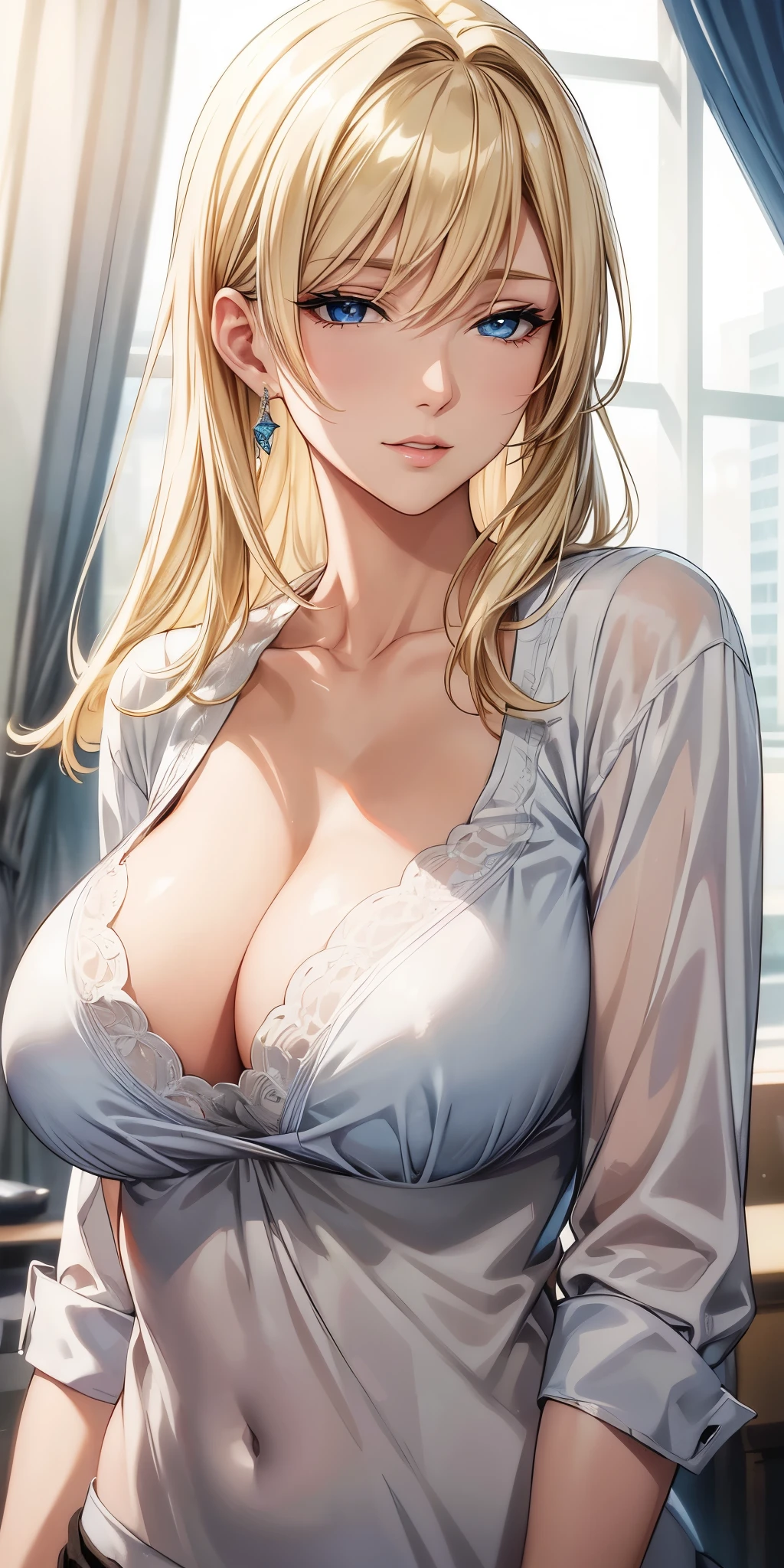 Anime style, Elegant mature woman, blue eyes, blonde hair, soft light, high detailed, 4k resolution, high quality