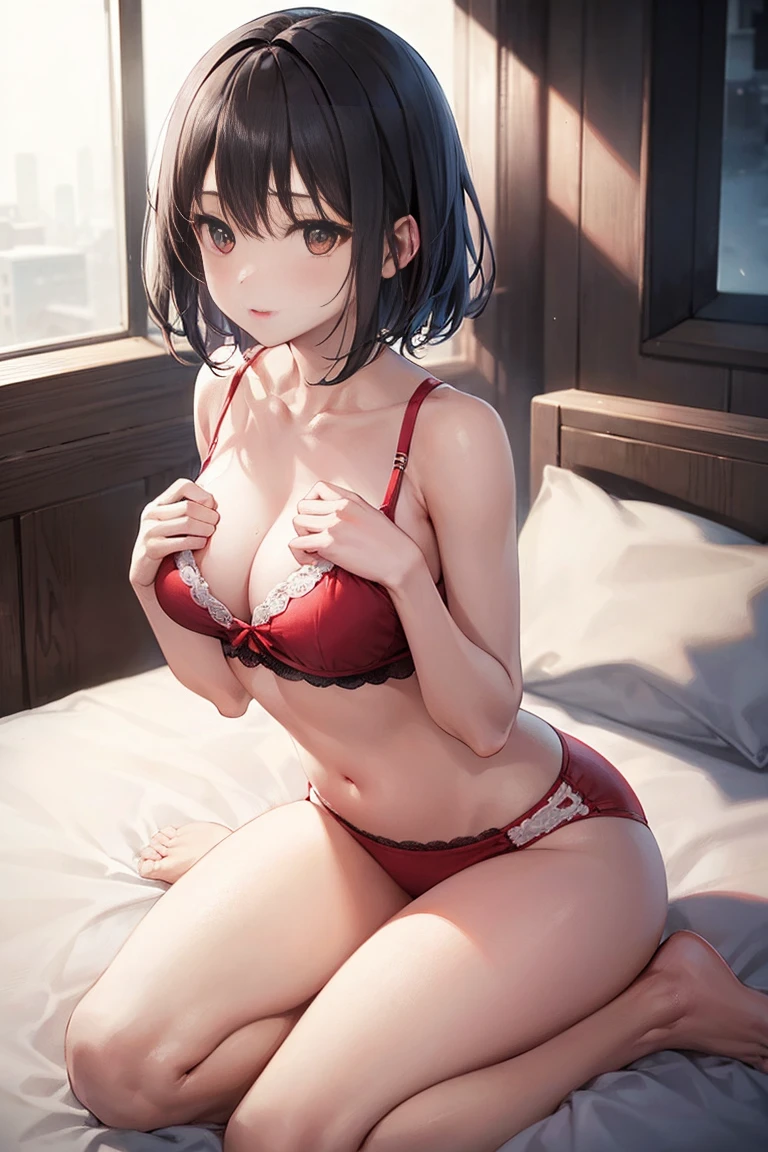 In 8K、Highest quality、masterpiece、Ultra-detailed、Ultra-high resolution、((1 person))、With a girl、Black-haired、Straight and long、Medium Chest、(((On the bed)))、Red face、White underwear、Cover your chest with your hands、Big eyes