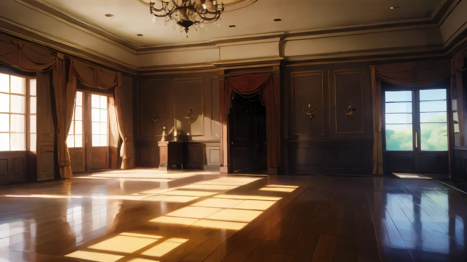 painting of a room with a chandelier in the middle, in a large dance hall, painting of a room, empty room, by edgar degas paintings