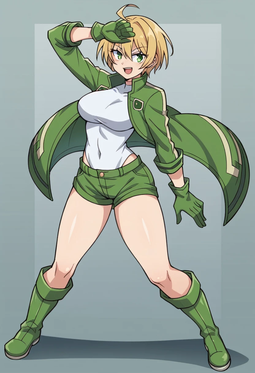masterpiece, Highest quality, 1 person,( middle breasts,Are standing, View your audience,),Detailed Background、A person who writes in detail、Accurate human body、Knowledgeable person、Accurate 5 fingers,Cruby Body, konami,Long sleeve、Thighs、alone,((green jacket, gloves, green shorts,green footwear))、Konami