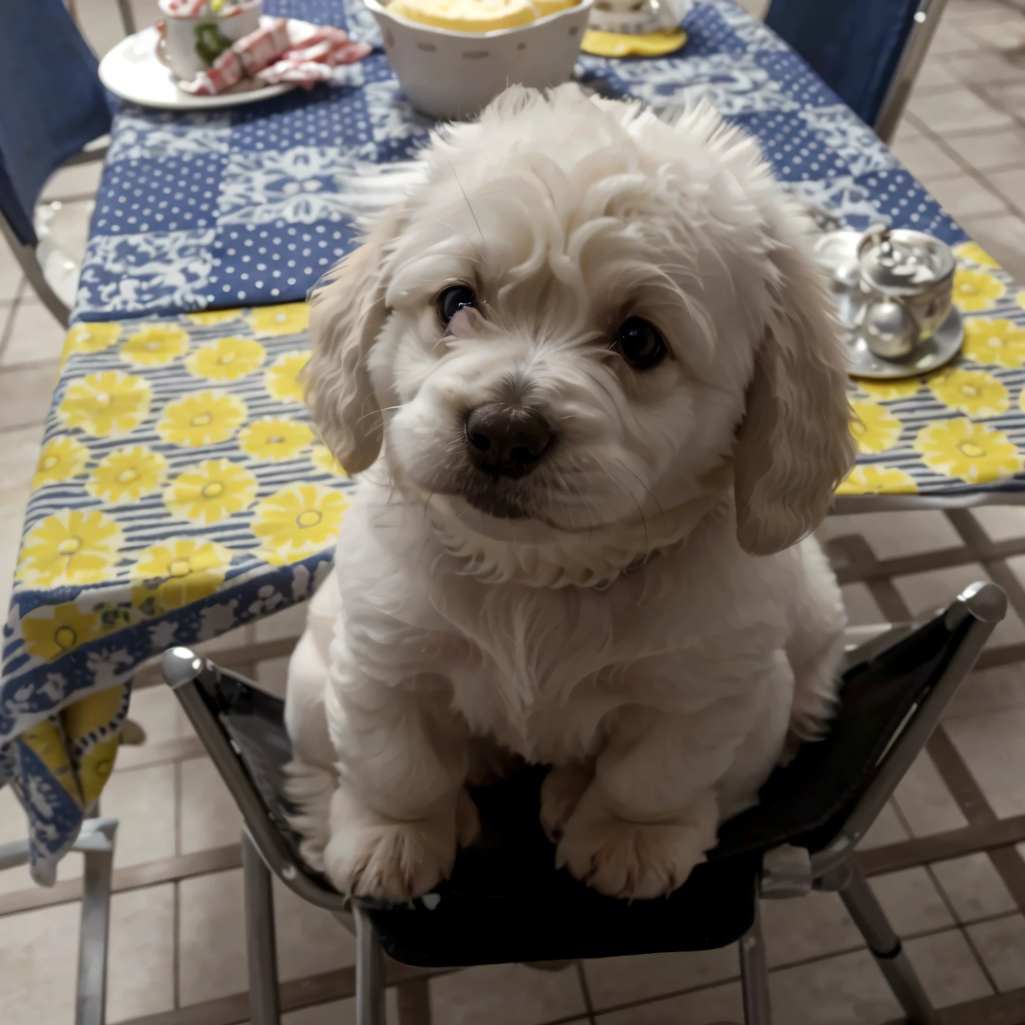há um cachorro branco sitting down em uma cadeira à mesa, Cute dog, Bela, sitting down na mesa, a gorgeous, sitting down em uma mesa, very talented, bulli, profile pic, sitting down, Pepper's, fluffly, little white dog by your side, nugget, they, by Luis Miranda, juanmao, four legged, guaranteed