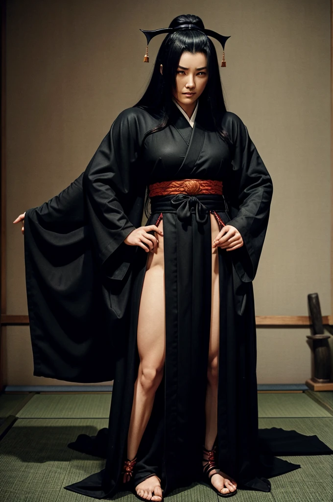 Towering lean character with a evil person wearing a black robe.set in ancient Japan (in the artstyle of demon slayer)