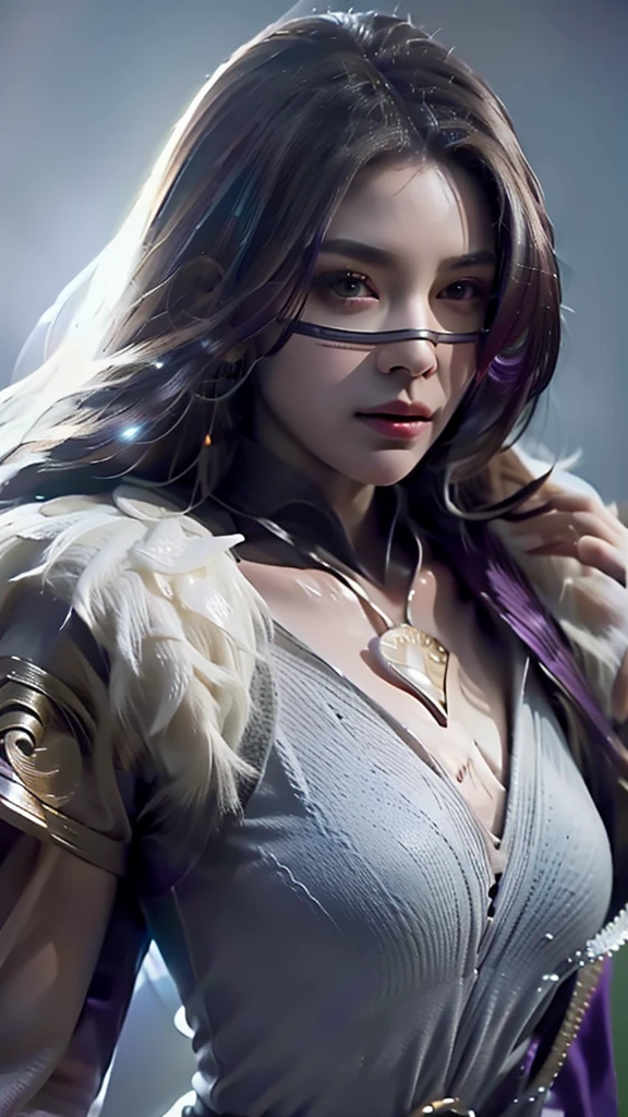 1girl,medium breasts,1girl,solo,realistic,8k,highres,(perfect face),perfect eyes,perfect body,ultra detailed face,looking at viewer,large breasts,massive boobs,cleavage,(intricate details),unity 8k wallpaper,ultra detailed,beautiful and aesthetic,detailed,solo, purple hair, luo_yi_ml, mouth veil,white and purple dress,feather
