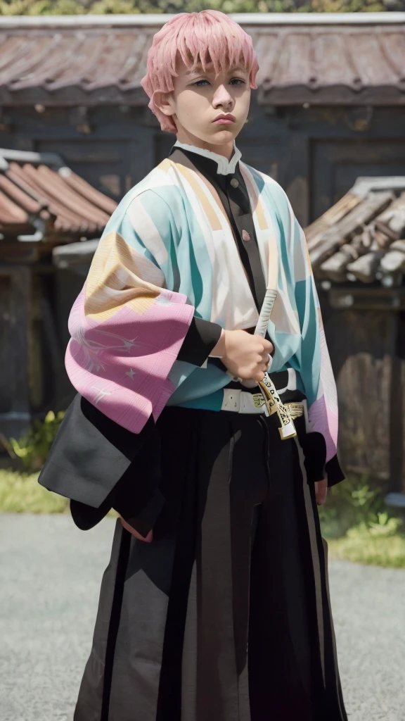 (masterpiece), best quality, highest quality, man, teenager, tall man, short pink hair cut, black eye, white kimono with black skirt and overcoat, katana in hands, cursed spirits in the background, Tokyo city blurred