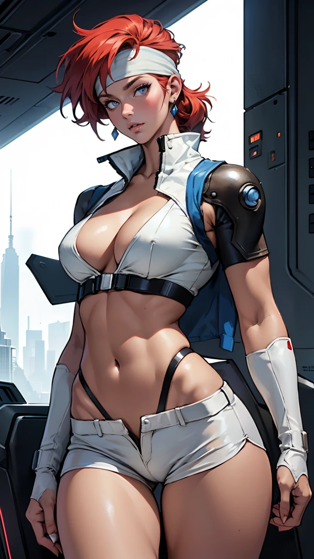 ((Masterpiece, highest quality; 1.3)), super quality, beautiful detail, super detailed, extra fine, 16K, exquisite, absurd, high resolution, beautiful background, detailed background, beautiful eyes, beautiful skin, anime style, Kay from Dirty Pair in a white outfit, tight outfit, cleavage, bushy redhead beauty, very light blue uniform, wearing tight clothes, skimpy, (mid chest: 1.2), cleavage, cleavage, slim waist , thin waist, slim thighs, thin legs, slim legs. thigh gap, showing stomach, skinny, thin hips, cyberpunk city background, holding retro space gun , headband, 