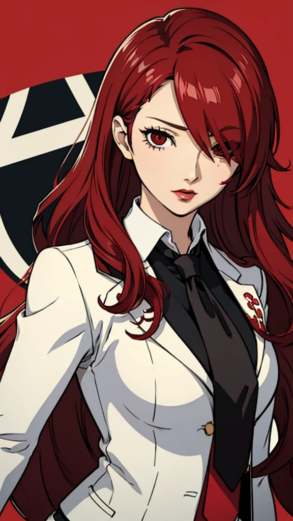 1girl, milf, mitsuru kirijo, red hair, red eyes, long hair, lipstick, hair over one eye, tie, suit, black vesthuge breast, portrait