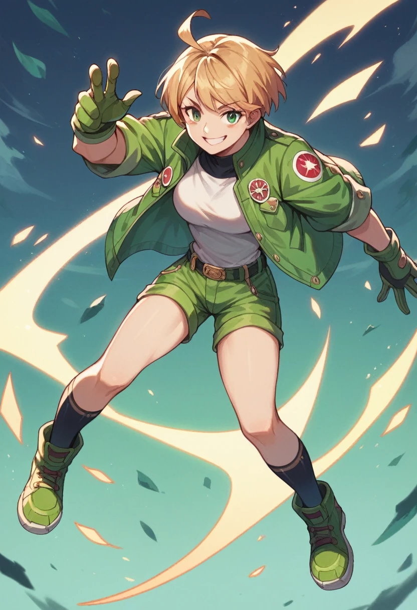 Konami,One girl,smile, View your viewers, Green jacket, gloves, Green shorts,Green footwear, masterpiece,Highest quality,