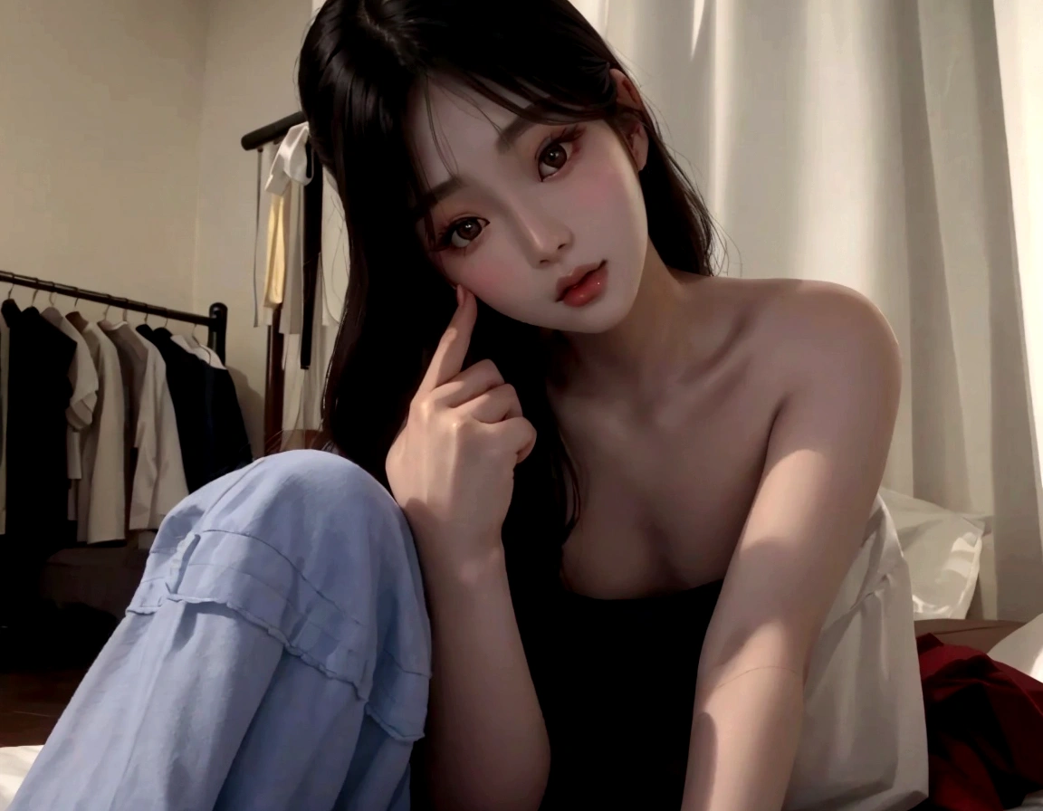 a close up of a woman sitting on a bed with a hand on her cheek, ulzzang, korean girl, gorgeous young korean woman, beautiful south korean woman, photo of slim girl model, photo of slim girl, beautiful young korean woman, beautiful asian girl, 🤤 girl portrait, young asian girl, asian features, young cute wan asian face