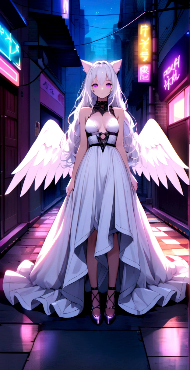 , Long wavy hair that reaches the knees,White hair is very attractive, Detailed and precise manual work, Attractive girl, White cat ears,, Purple eyes and white eyelashes,Big angel wings,darknight空に映える被写体, White Dress, Light that makes the subject stand out, Colorful neon street,dark,night,dark,Smoke surrounds the body,Like a back alley,