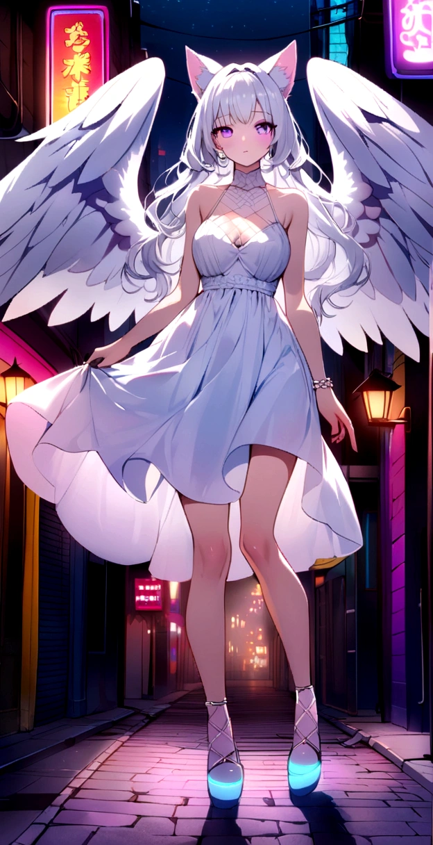 , Long wavy hair that reaches the knees,White hair is very attractive, Detailed and precise manual work, Attractive girl, White cat ears,, Purple eyes and white eyelashes,Big angel wings,darknight空に映える被写体, White Dress, Light that makes the subject stand out, Colorful neon street,dark,night,dark,Smoke surrounds the body,Like a back alley,