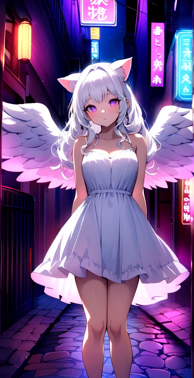 , Long wavy hair that reaches the knees,White hair is very attractive, Detailed and precise manual work, Attractive girl, White cat ears,, Purple eyes and white eyelashes,Big angel wings,darknight空に映える被写体, White Dress, Light that makes the subject stand out, Colorful neon street,dark,night,dark,Smoke surrounds the body,Like a back alley,