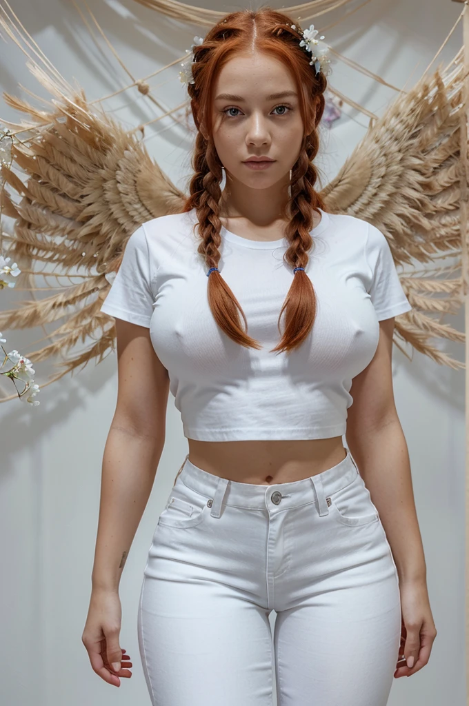 1 girl with red hair in braids, body and face facing the front of the screen, eyes looking straight, looking forward, hair woven with many flowers, white skin, big breasts, big butt, blue or black jeans, shirt White background, angel wings, reed flower forest background, standing seductively