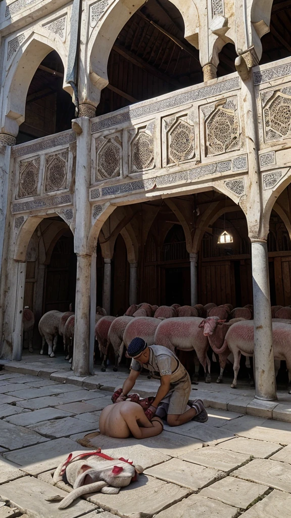 Describe the realistic atmosphere of slaughtering sacrificial animals on the Eid al-Adha holiday in the mosque yard, with officers using complete slaughtering equipment, sacrificial animals that have been prepared, and families watching solemnly and gratefully.