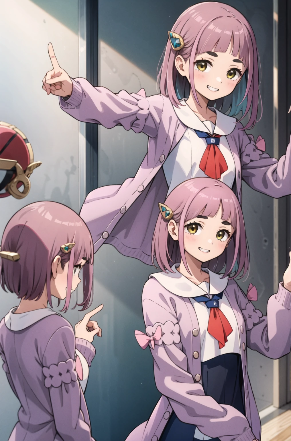 masterpiece, Highest quality, Official Art, Professional artwork, High resolution, Lens flare, (Vibrant_color:1.2), One girl, alone, Lacey, Medium Hair, Are standing, smile, Pink Coat, neckerchief, White shirt, Upper Body, Grin, teeth, peace sign, (close:1.2), [Beautiful Hands, Beautiful fingers, Perfect hands, Fine hand, Perfect Fingers, Detailed fingers:1.1, Five Fingers:1.2, Good move, Beautiful fingers, 白colorの背景], peace, sign, v sign