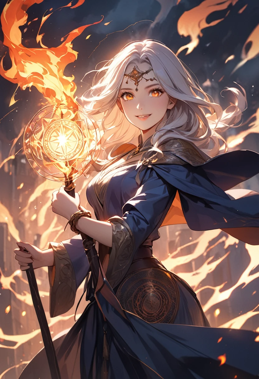 (masterpiece:1.5),(Beat quality),(high res),1girl solo,beautiful face,smile(shining eyes),upper body,light effects,The Wizard Woman,Carrying a walking stick,The background is a magic circle of fire, lightning, and light.,White flowers at your feet