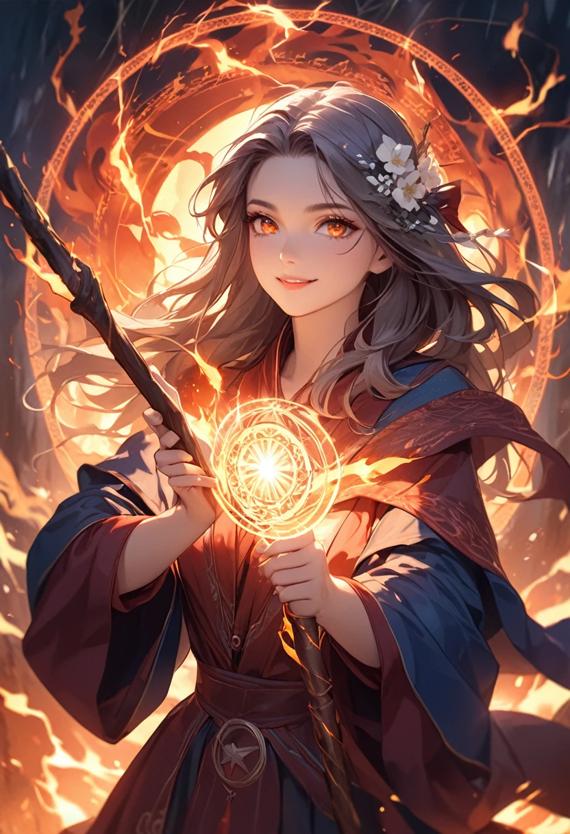 (masterpiece:1.5),(Beat quality),(high res),1girl solo,beautiful face,smile(shining eyes),upper body,light effects,The Wizard Woman,Carrying a walking stick,The background is a magic circle of fire, lightning, and light.,White flowers at your feet