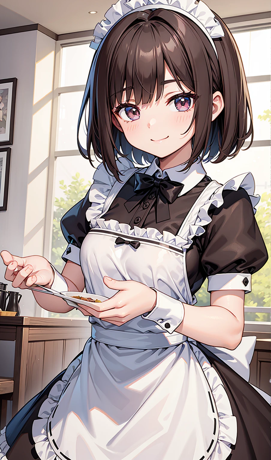 Human Woman、smile、maid Cafe、Dark brown short hair、Maid clothes、Perfect hands、Perfect Fingers