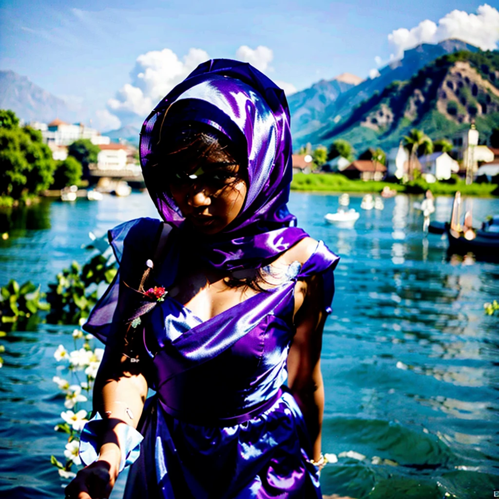 1 very beautiful woman, her face shows all the charm of the beauty of Indonesian women, wearing a hijab, wearing a purple satin Bridesmaid dress, soaking in the lake, bright colors, bright lighting, camera from above, long shot angle, face looking at the camera, super clear photo quality , UHD resolution, photo using Nikon D5600 camera, zigma 80mm/f/2:4