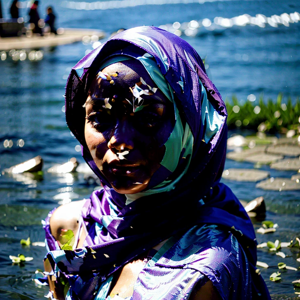1 very beautiful woman, her face shows all the charm of the beauty of Indonesian women, wearing a hijab, wearing a purple satin Bridesmaid dress, soaking in the lake, bright colors, bright lighting, camera from above, long shot angle, face looking at the camera, super clear photo quality , UHD resolution, photo using Nikon D5600 camera, zigma 80mm/f/2:4