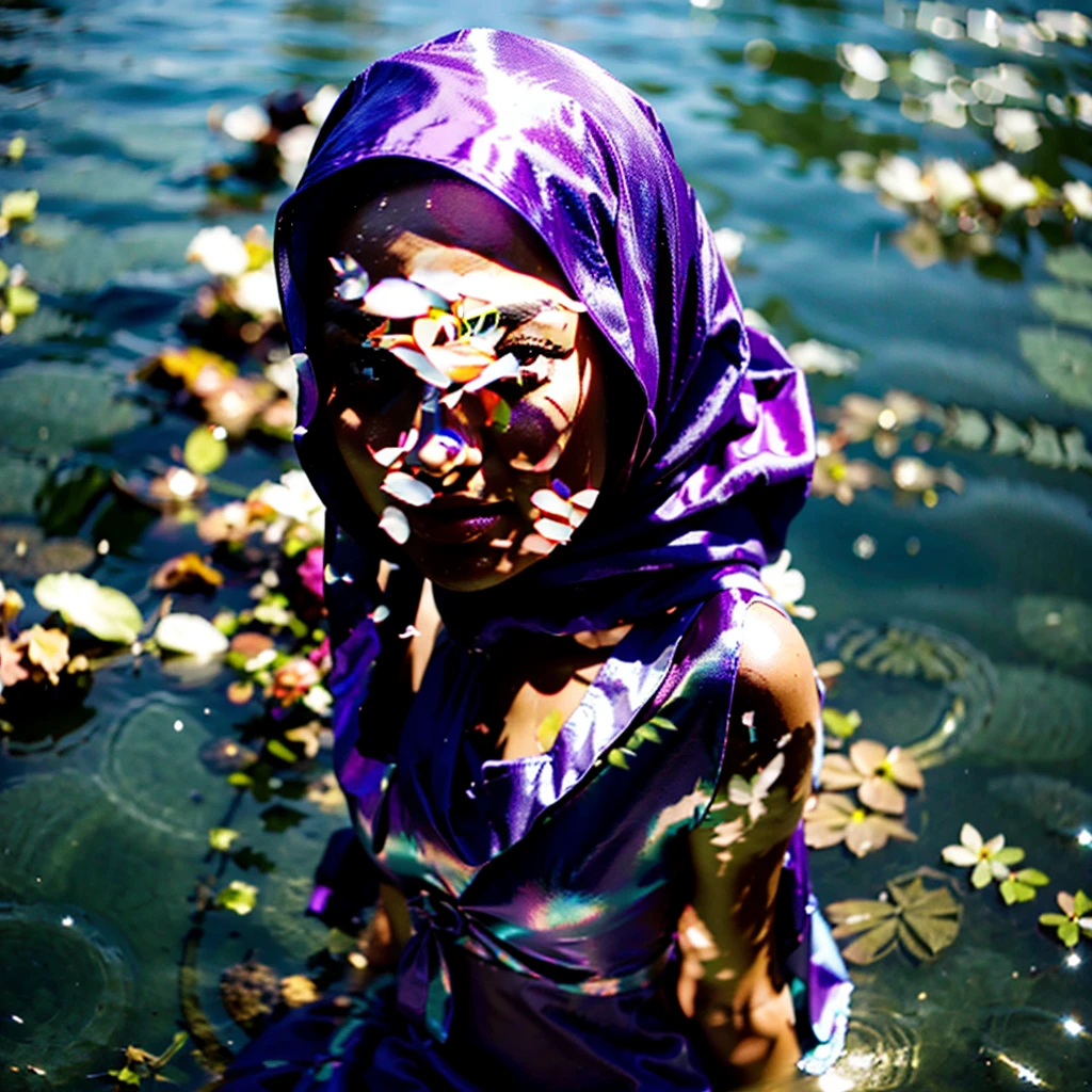 1 very beautiful woman, her face shows all the charm of the beauty of Indonesian women, wearing a hijab, wearing a purple satin Bridesmaid dress, soaking in the lake, bright colors, bright lighting, camera from above, long shot angle, face looking at the camera, super clear photo quality , UHD resolution, photo using Nikon D5600 camera, zigma 80mm/f/2:4