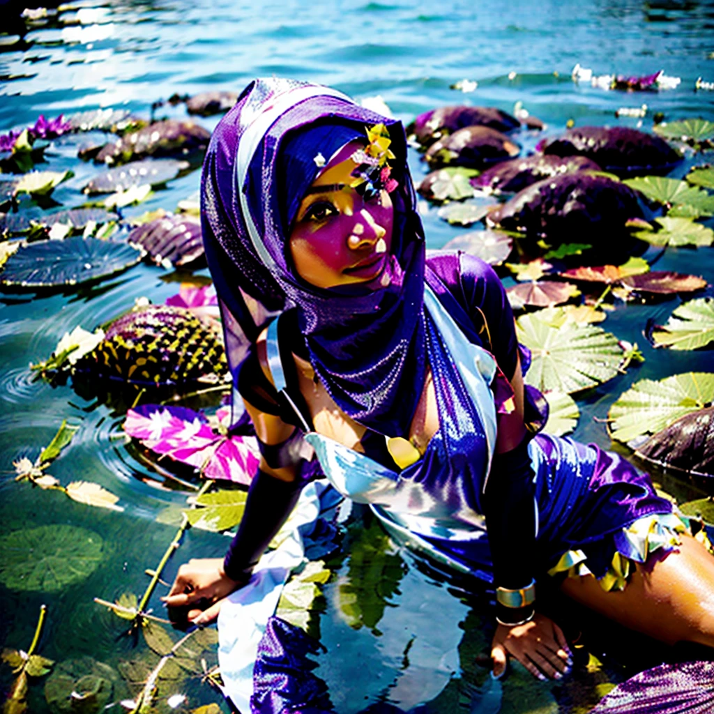 1 very beautiful woman, her face shows all the charm of the beauty of Indonesian women, wearing a hijab, wearing a purple satin Bridesmaid dress, soaking in the lake, bright colors, bright lighting, camera from above, long shot angle, face looking at the camera, super clear photo quality , UHD resolution, photo using Nikon D5600 camera, zigma 80mm/f/2:4