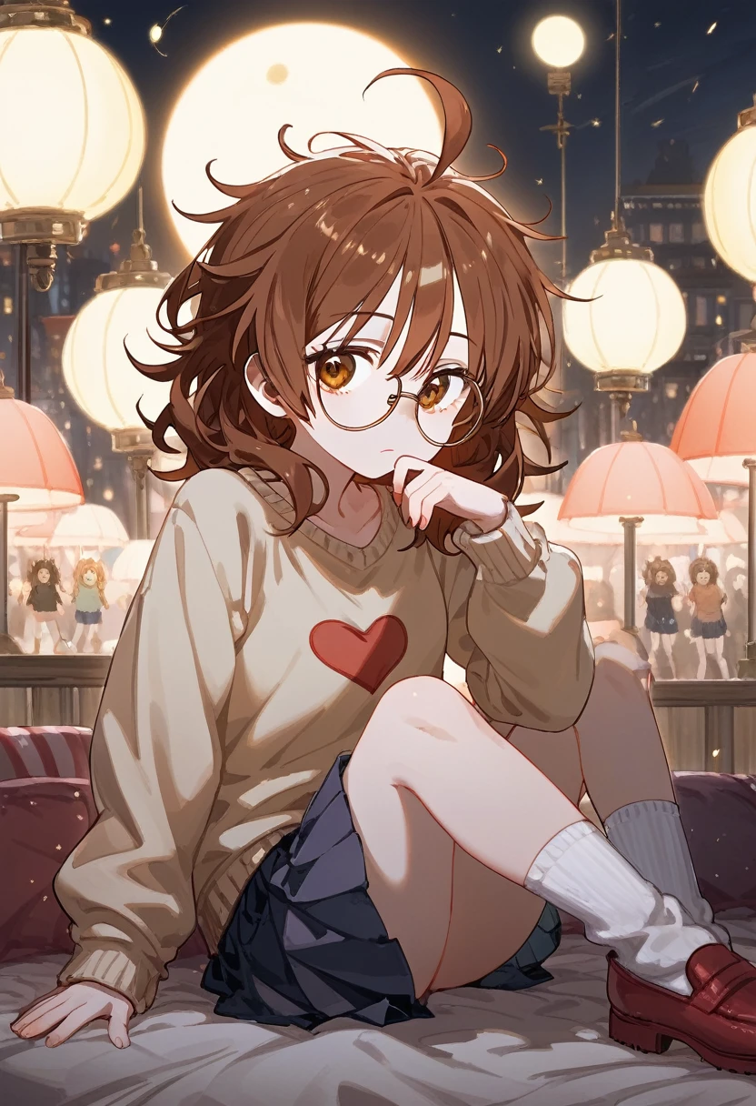 score_9, score_8_superior, One girl, Hina Araki, Under-rim round glasses, Juru, Brown eyes, Brown Hair, Medium Hair, bedhead hair, Ahoge, Messy Hair, Big Hair, Medium chest and beard, Mouth half open, superiorから, Place your hand on your chest , face to tipafter that, Looking into the distance, Contrasting, Dynamic pose, Cinema Lighting, , Deep multi-colored sweater, Heart Cutout Amber Pleated Check_Skirt Ankle socks Light bulb_after that_shoes, Daytime , Blood Moon Altar