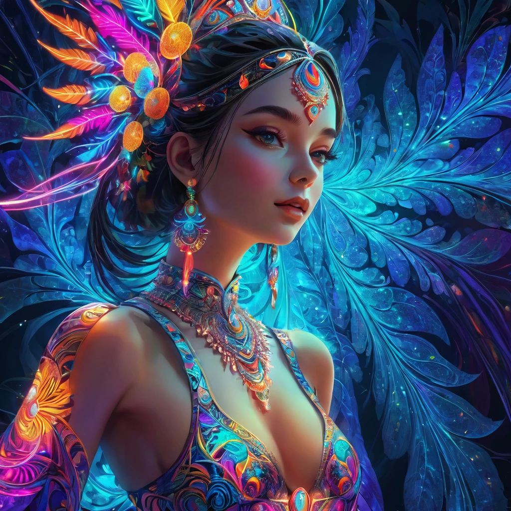 (work of art, maximum quality, best qualityer, offcial art, beautiful and aesthetic:1.2), (1 girl:1.3), extremely detaild,(Fractal Art:1.2),colorfully,More Detailed,( zentângulo neon:1.2), (dynamic pose), (fundo abstrato neon:1.5), (traditional dress:1.2), (shining skin), (many colors:1.4), trunk ,neon,16K,Full HD