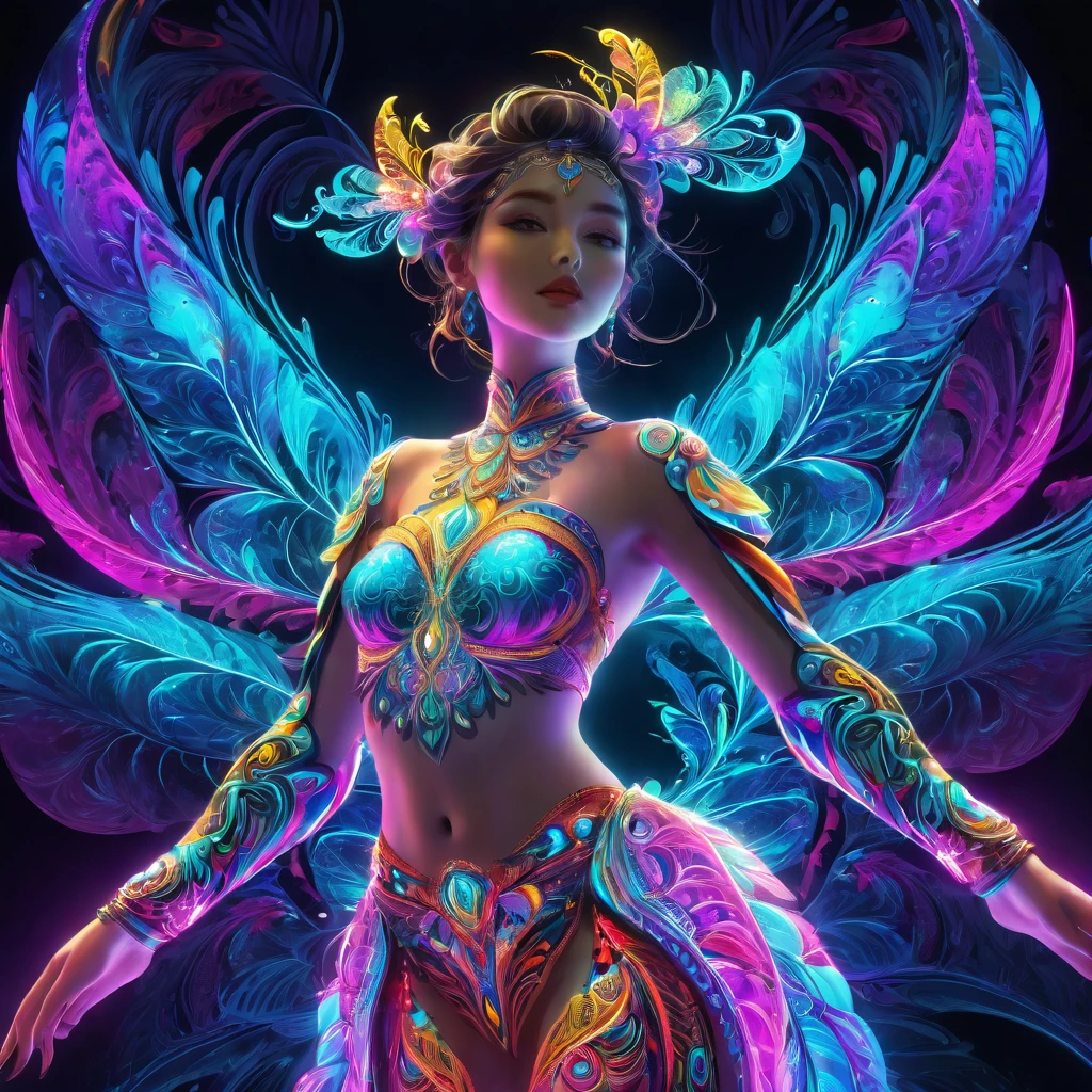 (work of art, maximum quality, best qualityer, offcial art, beautiful and aesthetic:1.2), (1 girl:1.3), extremely detaild,(Fractal Art:1.2),colorfully,More Detailed,( zentângulo neon:1.2), (dynamic pose), (fundo abstrato neon:1.5), (traditional dress:1.2), (shining skin), (many colors:1.4), trunk ,neon,16K,Full HD