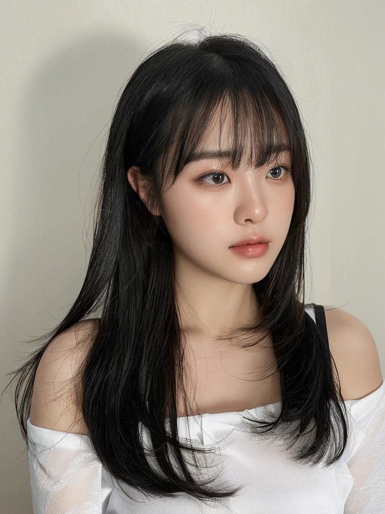 Best Quality, 8k, Masterpiece, (Portrait: 1.3), (photo realistic:1.4), (hyper realistic:1.4), Sharp Focus, looking at viewer, (smoother lighting:1.1), (increase cinematic lighting quality:0.9), realistic lighting, backlighting, light on face, ray trace, (brightening light:1.2), (Increase quality:1.4), sharp detail, (best quality real texture skin:1.4), finely detailed eyes, black_eyes, finely detailed face, 25 year old Korean woman, (white formal_shirt:1.4), (Create an image maintaining the original base model hairstyle:1.5)