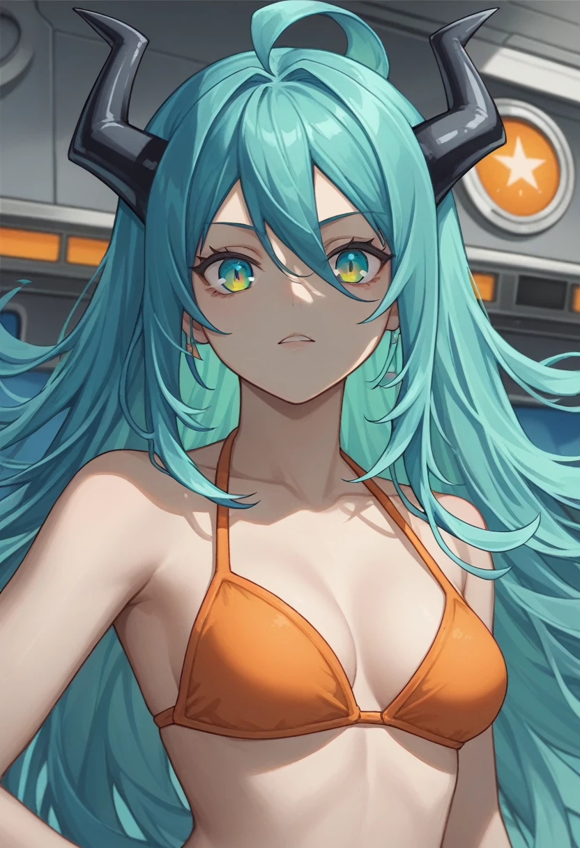 score_9, score_8_up, score_7_up,1 daemon woman, black demon horns, black demon tail, (aquamarine hair),aquamarine green color hair,ahoge, long hair, (long hair),bangs, light orange bikini, bikini is orange, bikini orange, orange bikini!, (aquamarine eyes), background is spaceship, aquamarine eyes, 1woman ,facing viewer, daemon girl, close up,Well-endowed, alone, Spacecraft interior, She waves her finger side to side to say no.