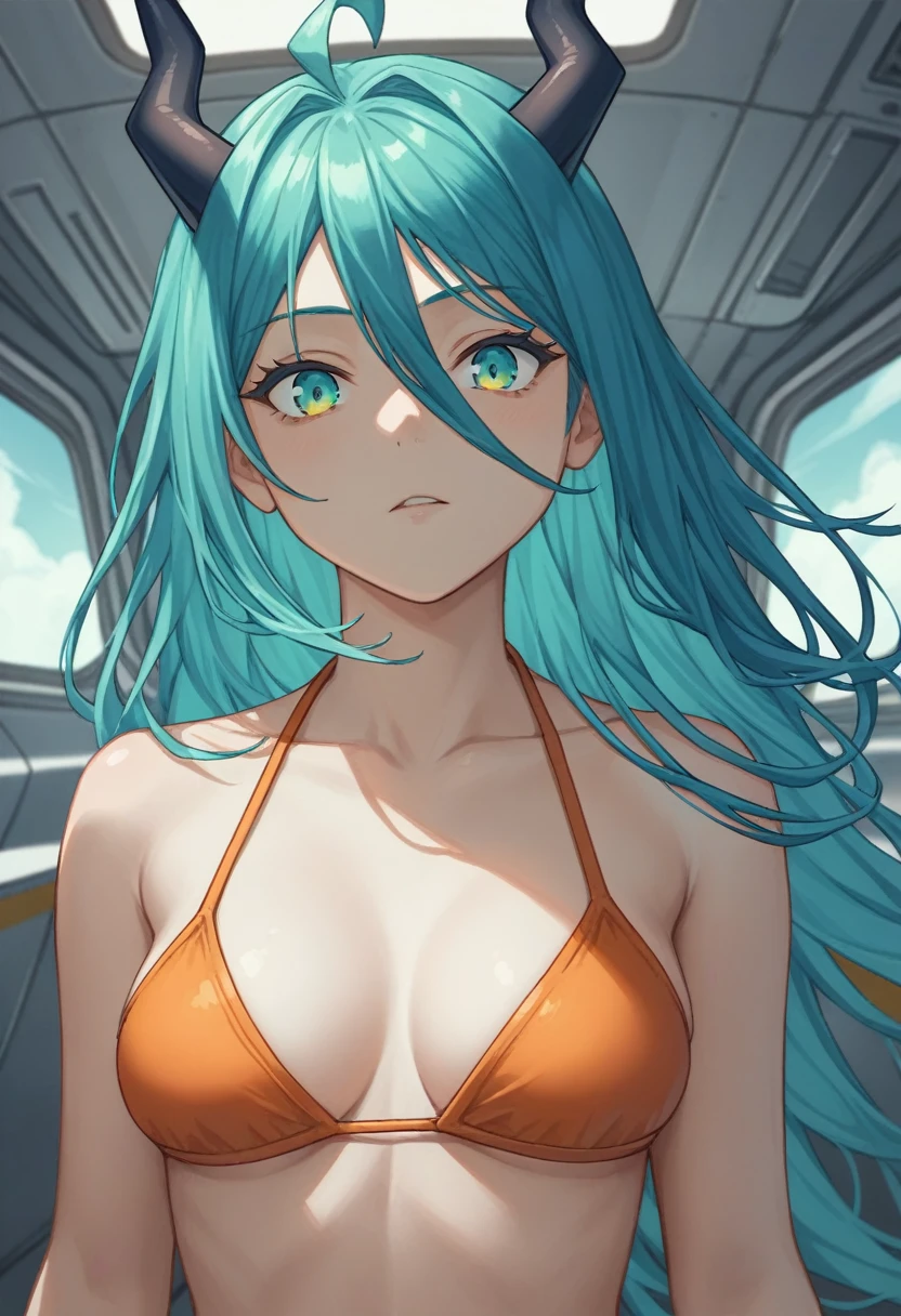score_9, score_8_up, score_7_up,1 daemon woman, black demon horns, black demon tail, (aquamarine hair),aquamarine green color hair,ahoge, long hair, (long hair),bangs, light orange bikini, bikini is orange, bikini orange, orange bikini!, (aquamarine eyes), background is spaceship, aquamarine eyes, 1woman ,facing viewer, daemon girl, close up,Well-endowed, alone, Spacecraft interior, She waves her finger side to side to say no.