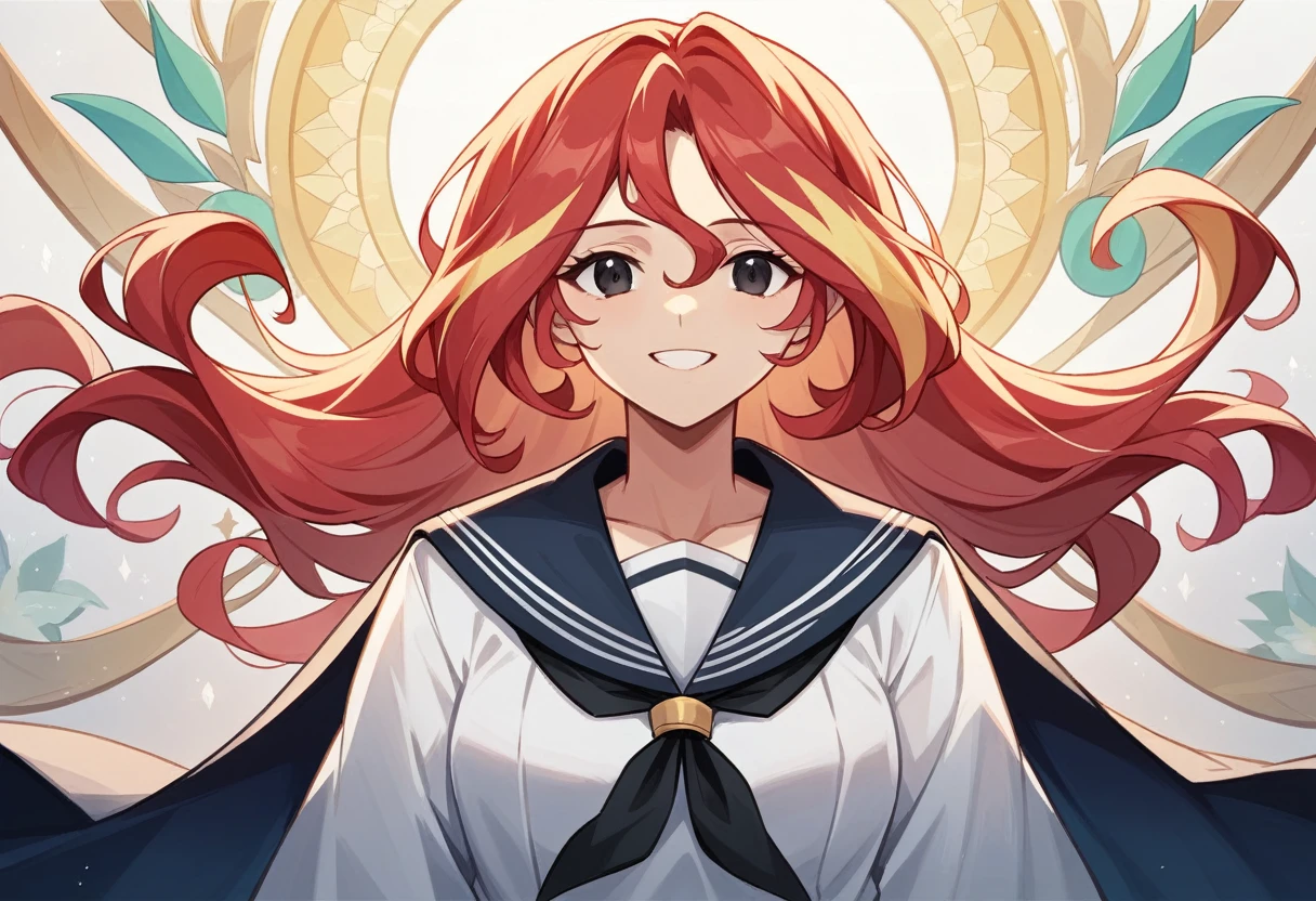 (extremely detailed CG unity 8k wallpaper, masterpiece, best quality, ultra-detailed), (best illumination, best shadow, an extremely delicate and beautiful) asuka, a bright smile on her face. She sits comfortably in her immaculate sailor , with a black short-cropped hair that frames her beautiful face perfectly. Her black eyes shimmer with delight as she proudly flaunts her navy sailor collar in the air.