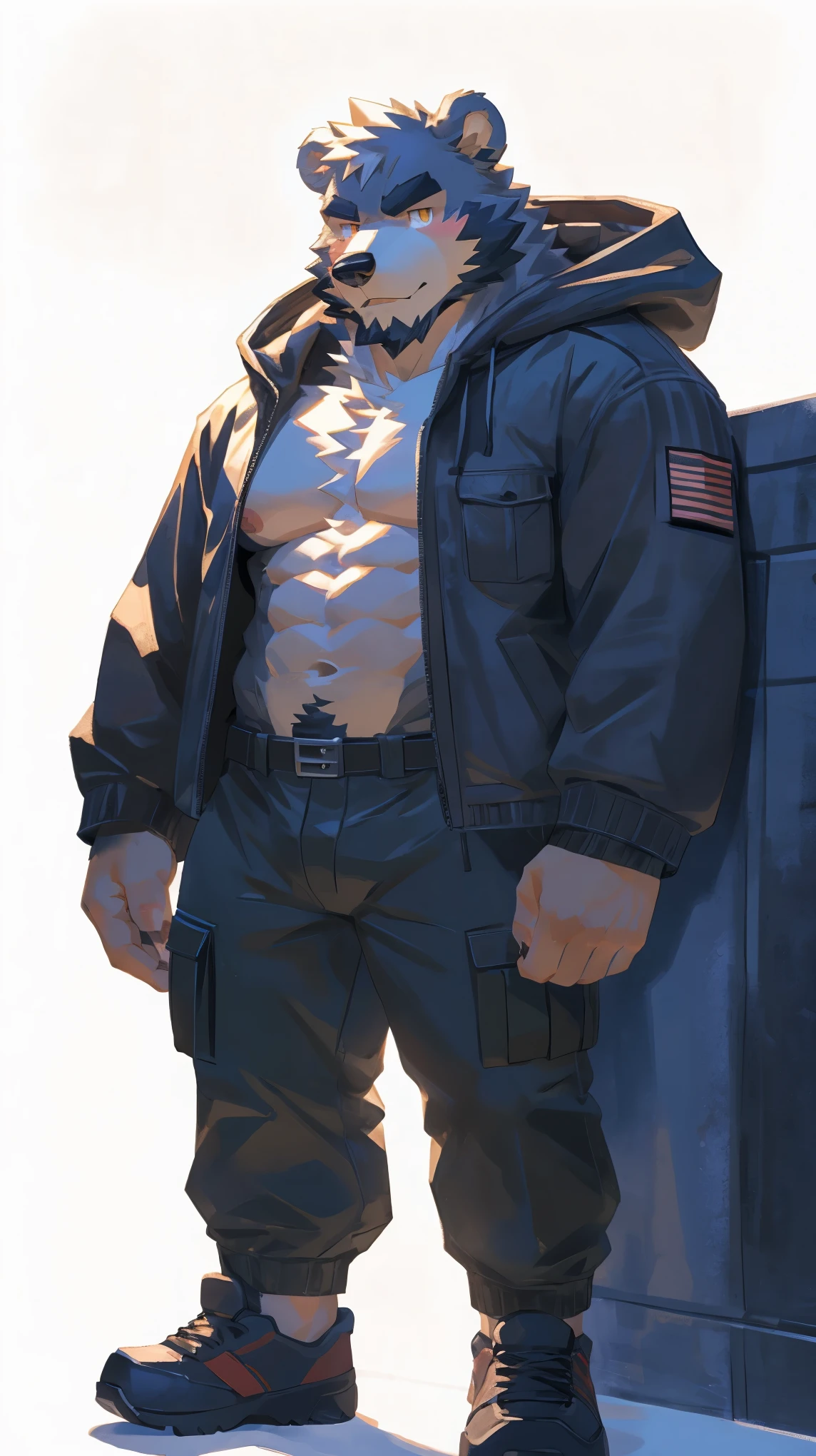(masterpiece:1.2), best quality,pixiv,official art,perfect anatomy, (Ray tracing, light),solo, (1_male:1.3) , (muscle), (grey fur:1.4), (muscle bear), (beard:1.2), (gleaming golden eyes), bear tail, full body, Thick black eyebrows,(open hooded parka), (naked inside), jeans, (cargo pants:1.2), black shoes, (pure white background: 1.3)