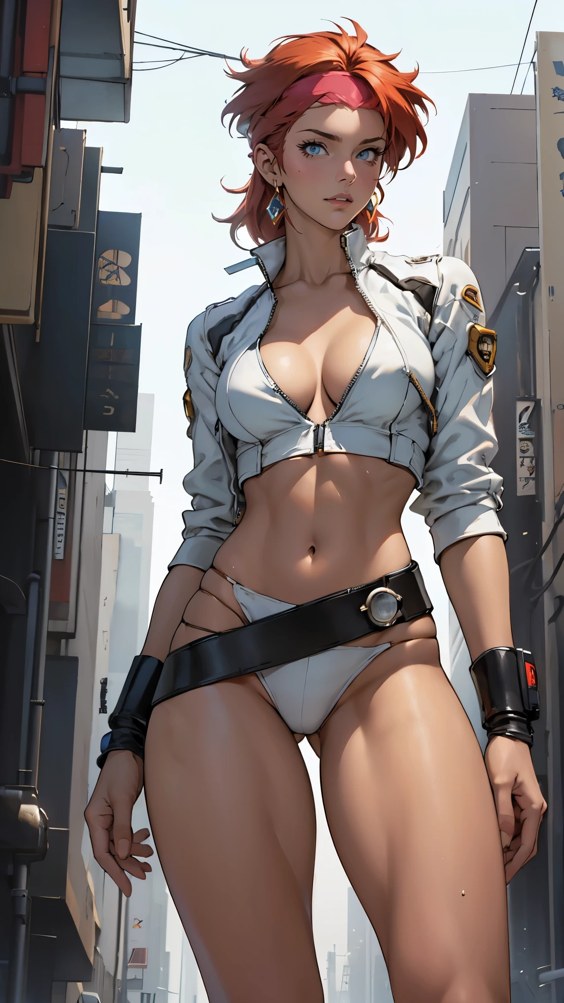 ((Masterpiece, highest quality; 1.3)), super quality, beautiful detail, super detailed, extra fine, 16K, exquisite, absurd, high resolution, beautiful background, detailed background, beautiful eyes, beautiful skin, anime style, Kay from Dirty Pair in a white outfit, tight outfit, cleavage, bushy redhead beauty, very light blue uniform, wearing tight clothes, skimpy, (mid chest: 1.2), cleavage, cleavage, slim waist , thin waist, slim thighs, thin legs, slim legs. thigh gap, showing stomach, skinny, thin hips, cyberpunk city background, holding retro space gun , headband, 