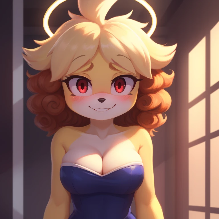 Isabelle, strapless tight dress, cleavage, curly hair, halo, sunglasses, jewelry, red eyes, longeyelashes, red eyes, smile, shy, blush, high detail, masterpiece, UHD, anatomically correct, super detail, highres, 4K