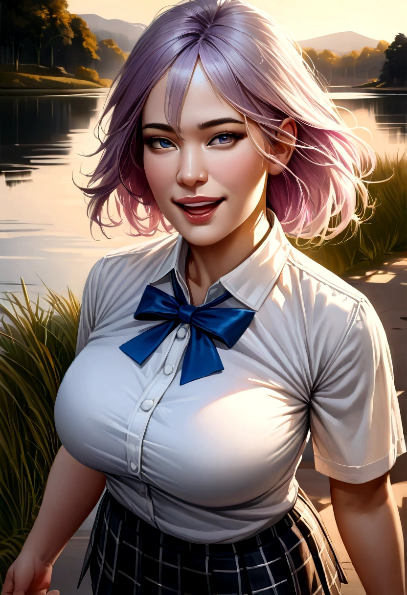(masterpiece:1.2, Highest quality), (Realistic, photoRealistic:1.4), Beautiful illustrations, (Natural Side Lighting, Cinema Lighting), Browsing Caution,
View your viewers, Cowboy Shot, Front view:0.6, 1 Girl, Japanese, high school girl, Perfect Face, Cute and symmetrical face, Shiny skin,
(short hair:1.2, Rob:1.2, Light purple hair), Hair between the eyes, blue eyes, Long eyelashes, (Large Breasts:0.7, Thick thighs),
Beautiful Hair, Beautiful Face, Beautiful attention to detail, Beautiful clavicle, Beautiful body, Beautiful breasts, Beautiful thighs, Beautiful feet, Beautiful fingers,
((White collared shirt, Blue bow tie, Black Checkered Pleated Mini Skirt)),
(Beautiful views), evening, Riverside, walking, (smile, Open your mouth),