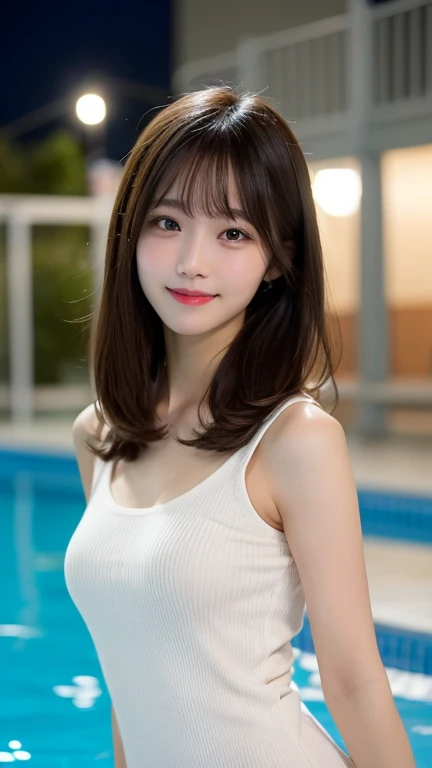 Tabletop, Highest quality, figure, Super detailed, In detail, High resolution, 8k wallpaper, Perfect dynamic composition, Beautiful attention to detail, dress,Medium Hair, Center of chest, Natural color lip, Random sexy poses,smile, Blurred night swimming pool background、20-year-old girl、huge 、Too much exposure、Shoulderless knit（white）、Expose your breasts、Slid、I keep my hair tied