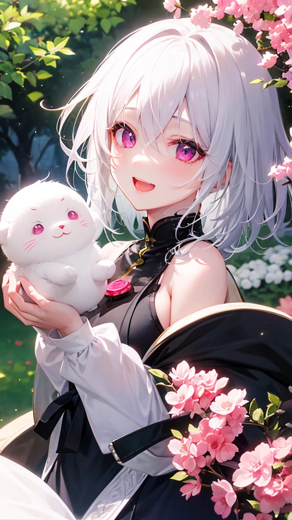 White Hair、Pink Eyes、Short Hair、laughing、Only one girl、alone、Cute、Face is close、laughing、it's raining、Holding an umbrella