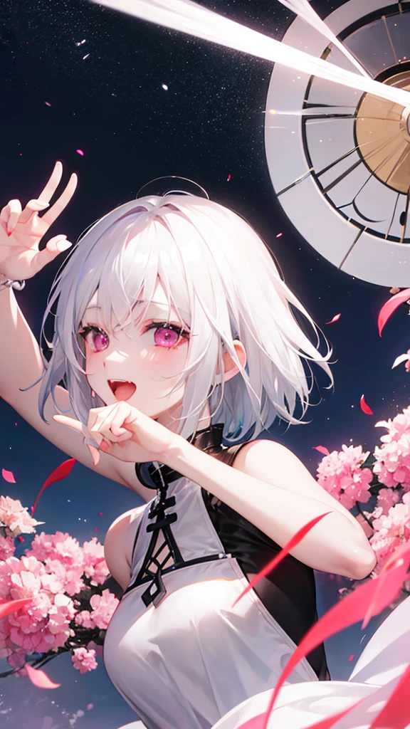 White Hair、Pink Eyes、Short Hair、laughing、Only one girl、alone、Cute、Face is close、laughing、it's raining、Holding an umbrella