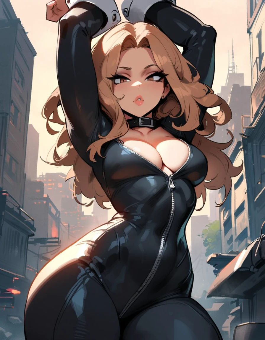 1girl, utsushimi kemii, boku no hero academia \\\\\ masterpiece, best quality, very aesthetic, absurdres, newest \\\\\\ slim body,///// ,by nyantcha,cutesexyrobutts , by khyle,,////// beautiful face, sexy, simple black catsuit with blending patterned lines and a zipper running down the middle left slightly down to reveal her cleavage. She wears white cuffs around her wrists and white heeled knee-high boots, patterned with gray lines, as well as a loose black collar lined with metallic plates.,  ,plump and glossy lips, city, looking at viewer, close-up, dark brown eyes,ass