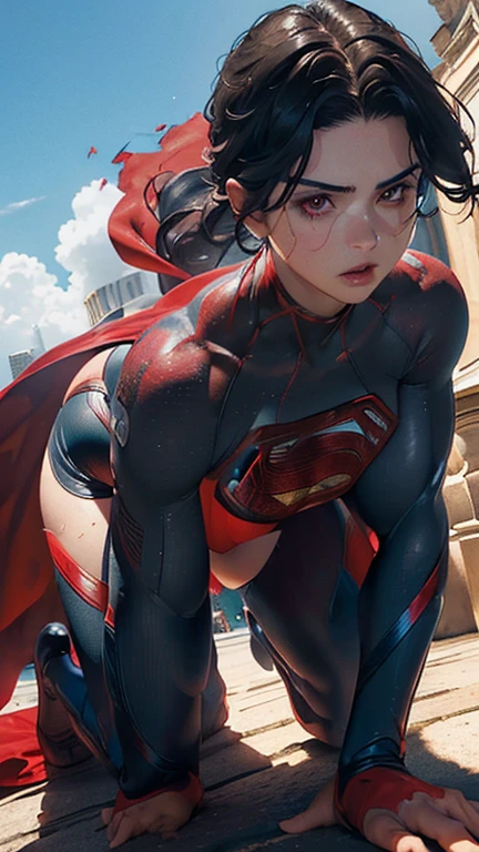 (masterpiece:1.3), (8k, Realistic, RAW Photos, highest quality: 1.4), Absurd, Charm, Ultra-high resolution, Ultra-realistic, Very detailed, Golden Ratio, (Realistic), (Best Shadow), Low contrast, (Complex:1.4), Side lighting, 8K, Beautiful Face, (Realistic Face), Beautiful hairstyle, Realistic eyes, Beautiful fine details, (Realistic Skin), Beautiful Skin, (One girl), ((Sasha Calle)), ((SUPER GIRL)), (Accurate hand and finger depiction), Supergirl Women, ((Red cloak)), (Black Hair, Handsome Short:1.3), (Kneeling, woman on top), (Large Breasts), glamorous, (Big Ass), (Torn Suit:1.3), (A look of shame:1.0), ((Red Eyes)), (Flushed), Sweat, (Earth from Space), full body, ((behind, Low-angle view from directly behind)), (Buttocks up:1.3)