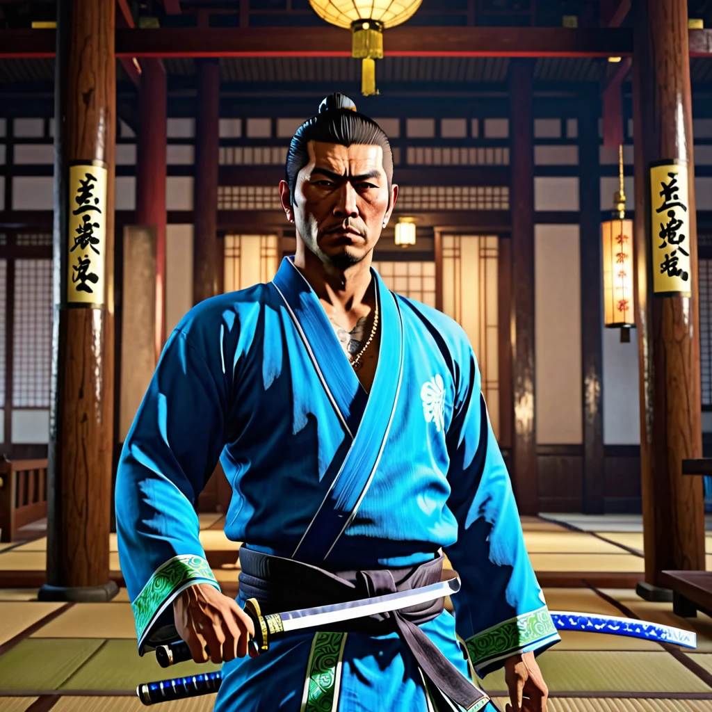 A Japanese yakuza dressed in phosphorescent blue with traditional clothing and a katana on his back ,In a classical Japanese temple ,style grand theft auto, HD PORTRAIT