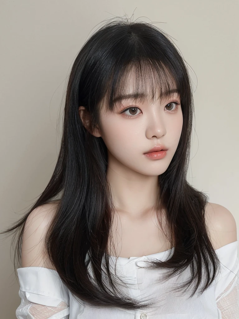 Best Quality, 8k, Masterpiece, (Portrait: 1.3), (photo realistic:1.4), (hyper realistic:1.4), Sharp Focus, looking at viewer, (smoother lighting:1.1), (increase cinematic lighting quality:0.9), realistic lighting, backlighting, light on face, ray trace, (brightening light:1.2), (Increase quality:1.4), sharp detail, (best quality real texture skin:1.4), finely detailed eyes, black_eyes, finely detailed face, 25 year old Korean woman, (white formal_shirt:1.4), (Create an image maintaining the original base model hairstyle:1.5)