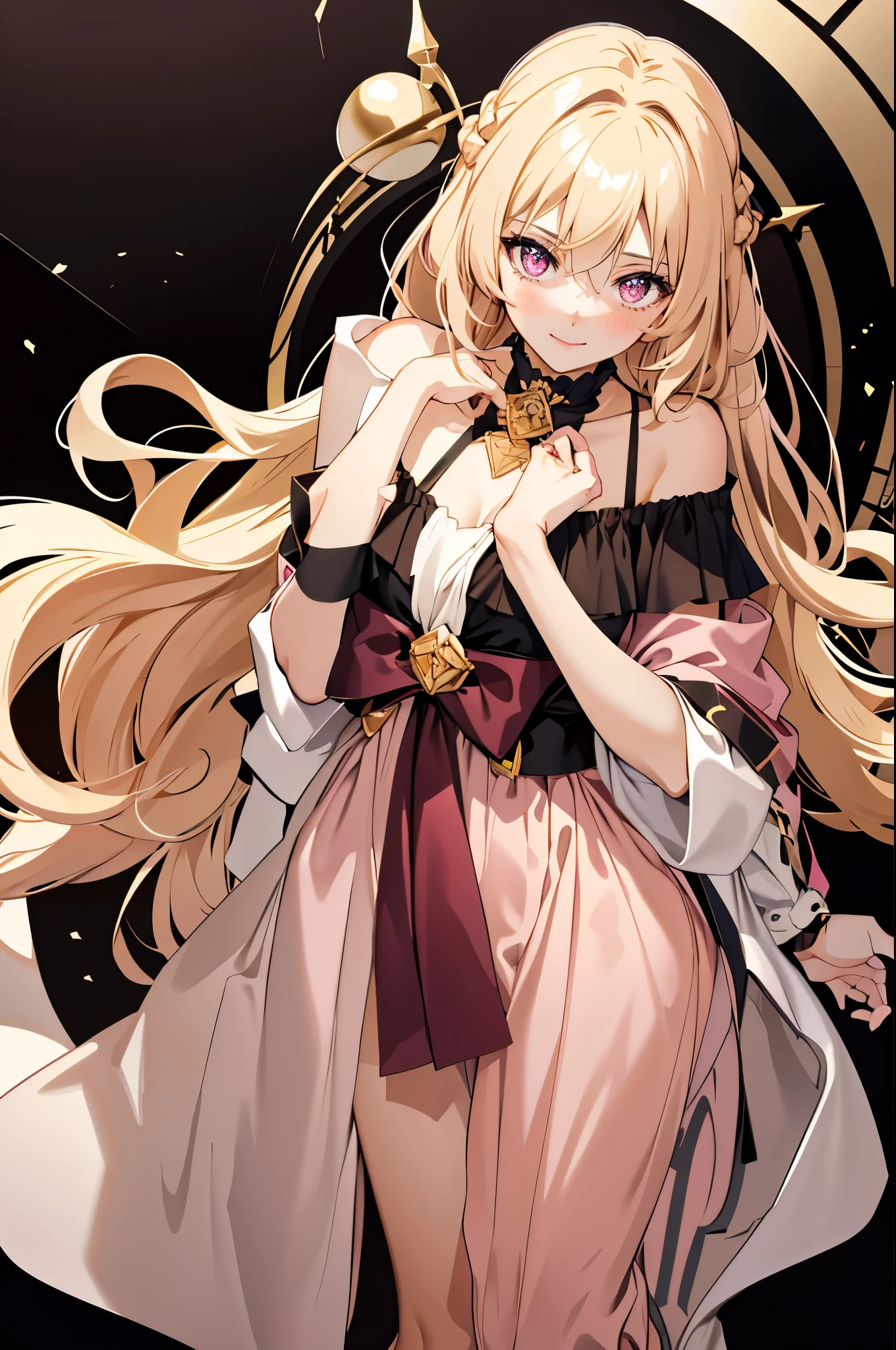 solo, light almond hair, long hair, dark pink eyes, sweet smile, subtle blush, large chest