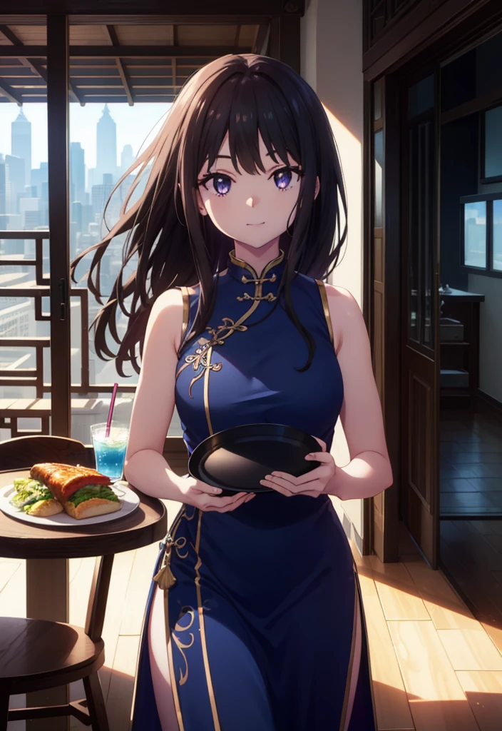Takiuchi, Check it out, Long Hair, bangs, Black Hair, (Purple eyes:1.2),happy smile, smile, Close your mouth,
Sleeveless blue Chinese dress,Blue long slit,Black pantyhose,Stiletto heels,Tables and chairs, food, drink, tray, tray in one hand,whole bodyがイラストに入るように,Walking,
break indoors,Chinese style coffee shop,
break looking at viewer, whole body,
break (masterpiece:1.2), Highest quality, High resolution, unity 8k wallpaper, (shape:0.8), (Fine and beautiful eyes:1.6), Highly detailed face, Perfect lighting, Highly detailed CG, (Perfect hands, Perfect Anatomy),
break outdoors, city,
break looking at viewer, (Cowboy Shot:1.5),
break (masterpiece:1.2), Highest quality, High resolution, unity 8k wallpaper, (figure:0.8), (Beautiful attention to detail:1.6), Highly detailed face, Perfect lighting, Highly detailed CG, (Perfect hands, Perfect Anatomy),