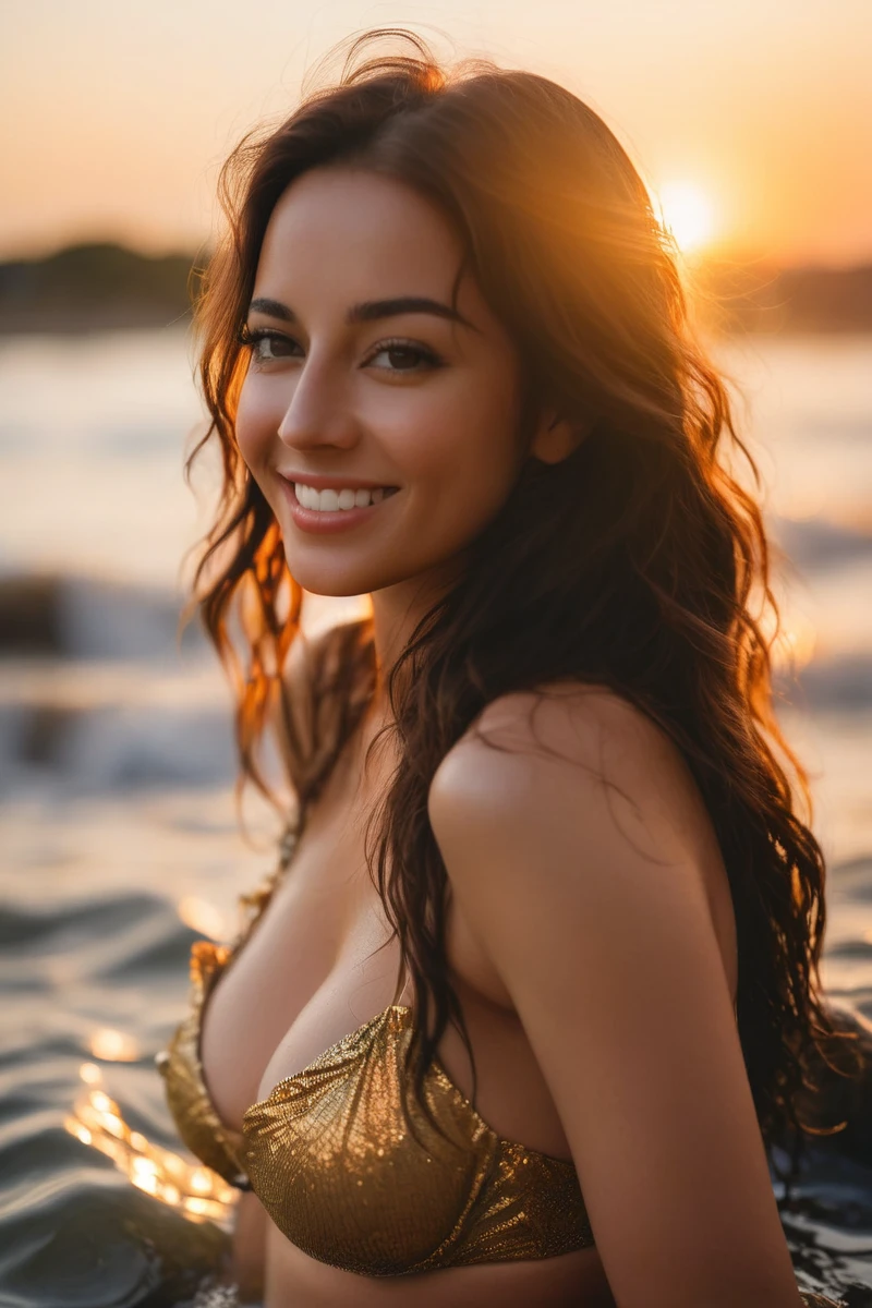 Cinematic photos (masterpiece,best quality, Surreal,32k,RAW photos,Detailed Skin, 8K Ultra HD, Digital SLR Camera,high quality, Movie grain:1.5),close up portrait of a cute woman bathing in a river,already,(Backlight),lens flare,In the shade,bloom,[[Chromatic Aberration]],author：Jeremy Lipking,author Antonio J. Manzanedo,number,
1 Girl,Huge ,Beauty face,45° side profile,Shut up and smile,Clear big eyes,Glowing skin,close up,Bikini,Beach at sunset,wind,Backlight,
. 35mm Photo, , Bokeh, professional, 4K, Very detailed