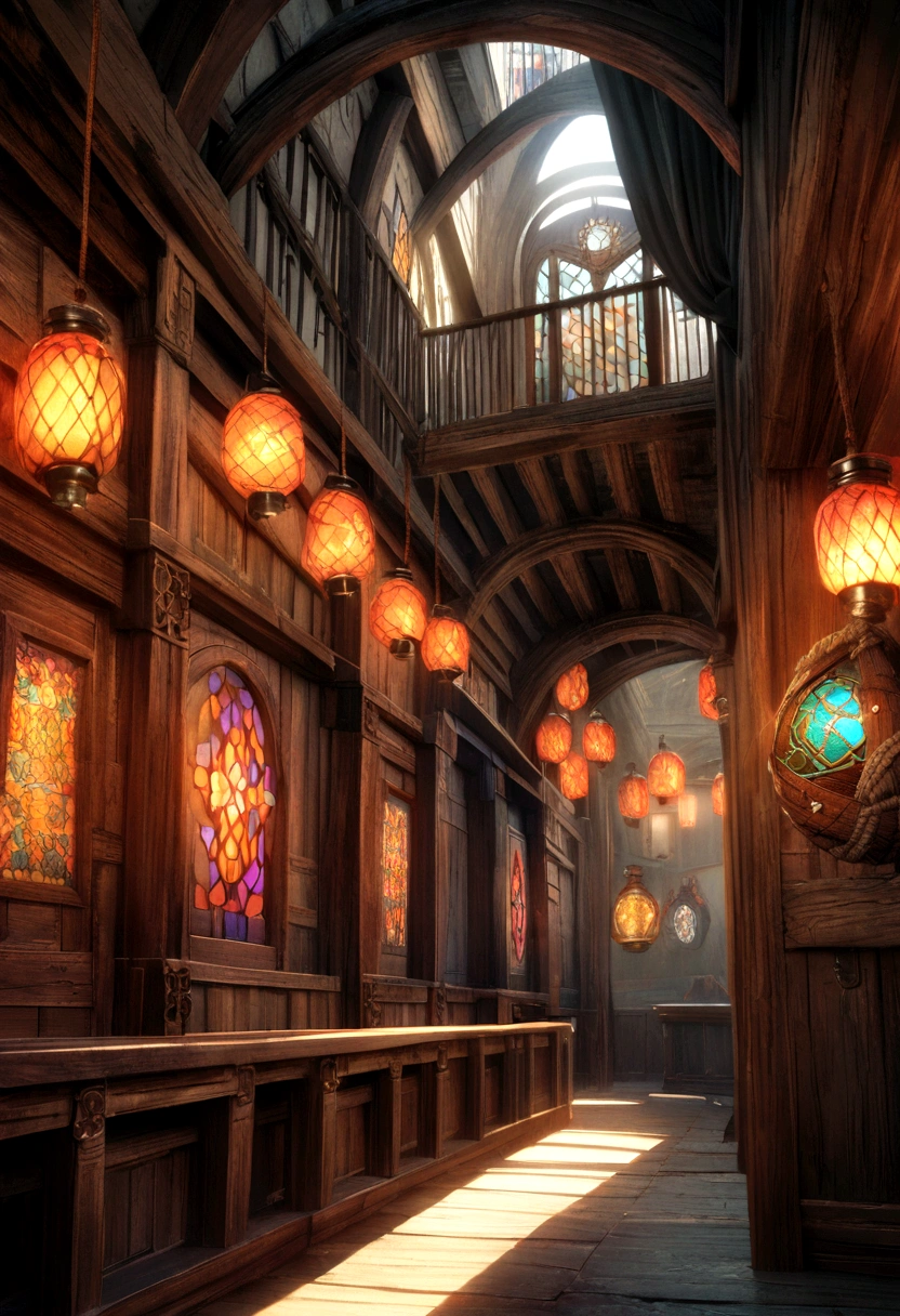 a fantasy nautical tavern interior with open windows, widescreen, detailed wood furniture, intricate wall carvings, hanging lanterns, glowing candles, mist and fog, dramatic lighting, moody atmosphere, colorful stained glass windows, rough stone walls, detailed ship models, fishing nets and ropes, weathered textures, warm color tones, photorealistic, cinematic composition, ultra-detailed, best quality, 8k