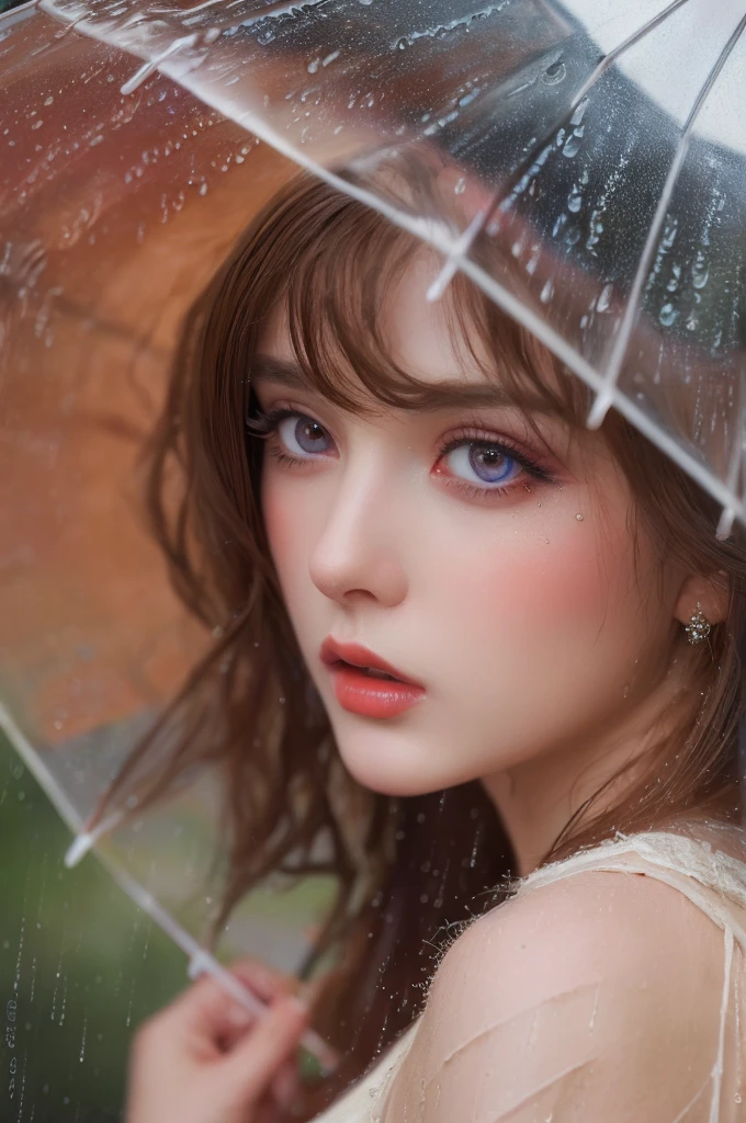 1girl with rain umbrella, singing in the rain, beautiful detailed eyes, beautiful detailed lips, extremely detailed face, longeyelashes, realistic, photorealistic, photo-realistic:1.37, (best quality,4k,8k,highres,masterpiece:1.2),ultra-detailed,vivid colors,dramatic lighting,soft focus,rainy day,moody atmosphere,classical painting style,warm color palette