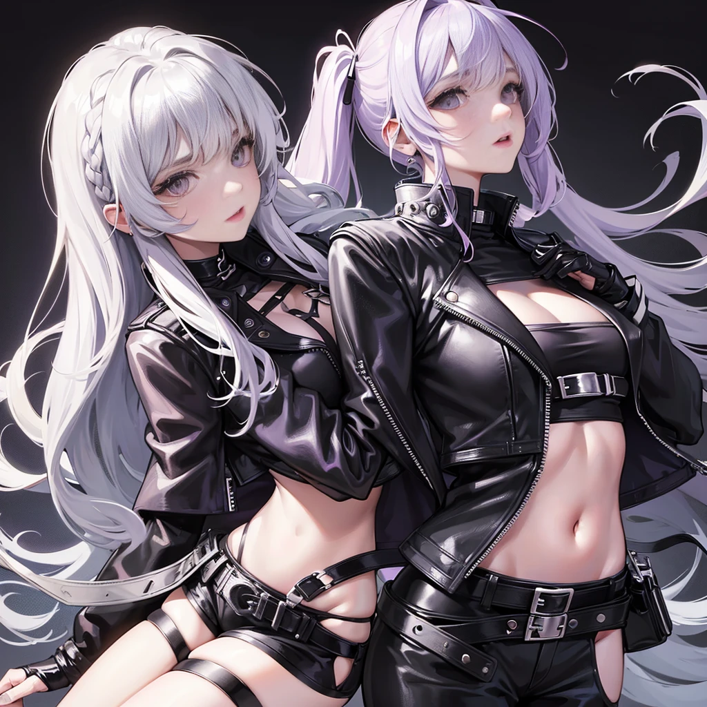 a detective girl , long white hairstyle ,purple leyes, , ，Black color Leather jacket , crop top , black leather thousers，，adorlable，beautiful face, cool 