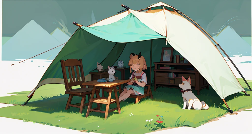 a lady sitting on a chair，There is a cat and a dog around, camping, anime Yuruying, Yuruying, cartoon style illustration, Cartoon illustration, picnic, 森林picnic, author：Nishida Toshie, Illustration line art style, Hand drawn cartoon art style, Line art illustration, Cute illustrations, Stylized digital illustration, Cartoon vector style